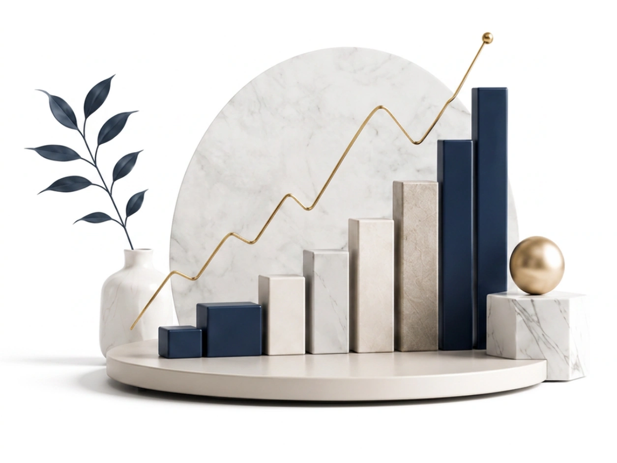Growth illustration — ascending chart with marble and gold accents